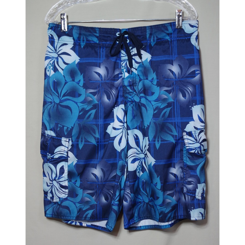 Hang Ten Men's Medium Blue Hibiscus Floral Plaid Cargo Swim Trunks Board Shorts - Picture 1 of 4